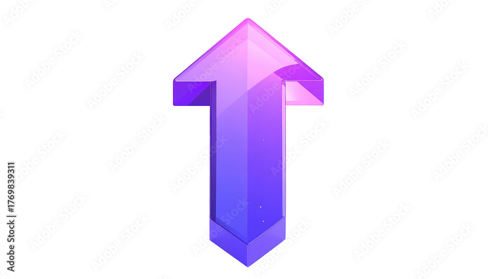 Fototapeta premium Glossy purple arrow pointing upwards on a black background. Vector style with gradient colors and defined edges