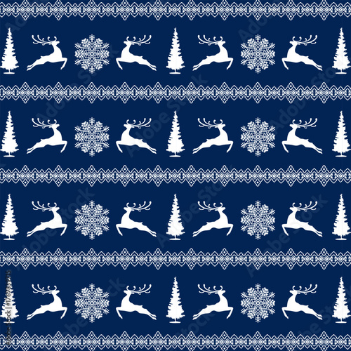 Christmas trees and deer on a blue background with embroidery and snowflakes.Vector seamless pattern with deer, Christmas trees, snowflakes and beautiful ornaments on a blue background.