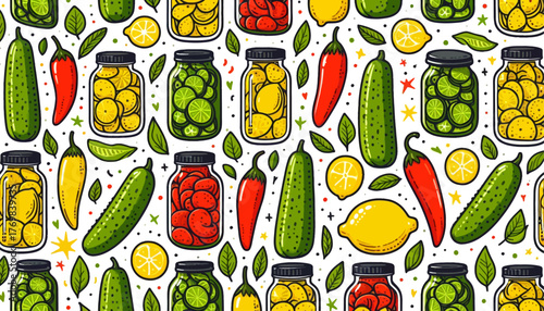 seamless vector pattern of vegetable pickle jar in hand drawn art