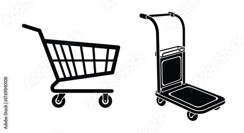 Black and white illustration of a shopping cart and a utility cart