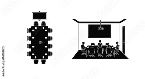 Overhead view of a conference room with a projector and seating
