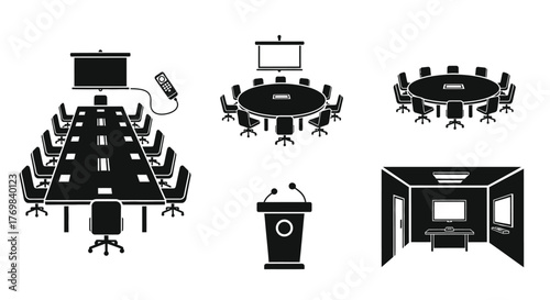 Bild auf Leinwand Conference room layouts presentation equipment and podium design in black silhou