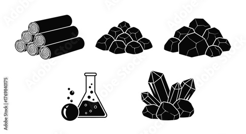 Black and white illustration of minerals logs flask and crystals