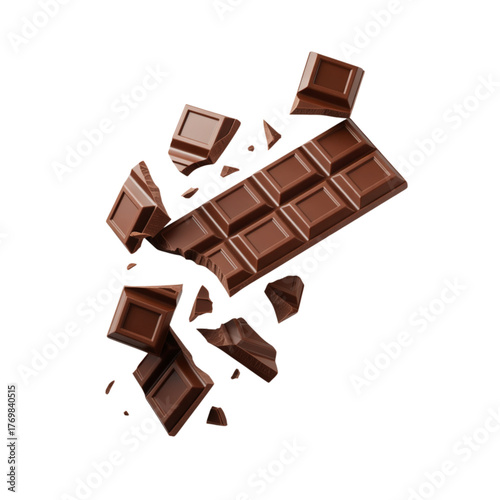 Broken Milk Chocolate Bar Pieces Floating Isolated on Transparent Background Sweet Dessert Theme