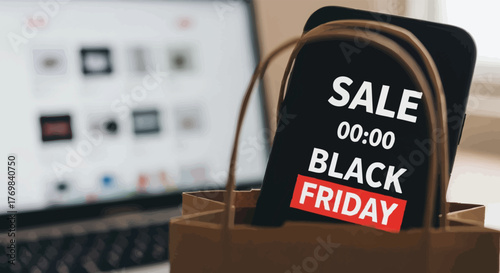 Black friday sale advertisement in shopping bag near laptop