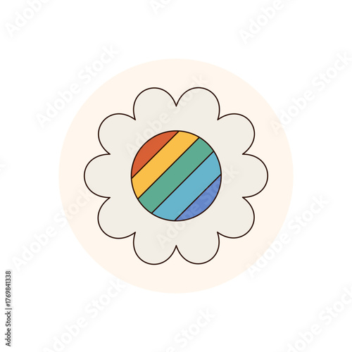 Groovy retro flower sticker label patch in colorful 70s style. Rainbow lid as funky circle seal for y2k package, vintage patch for pop label or trendy product, cheerful accent fun design.