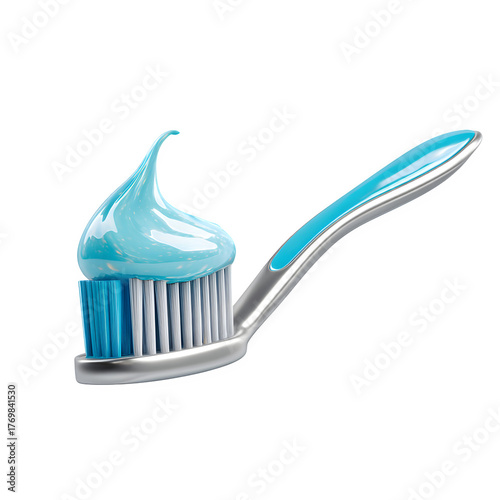 Realistic toothpaste on toothbrush png, blue and white dental hygiene icon, oral care clipart isolated on white