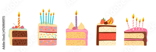 Set of colorful birthday cake slices with candles, frosting, and sprinkles. Hand drawn vector illustration of sweet desserts and festive treats
