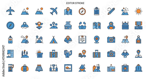 Travel and Adventure Flat Line Icon Set – Tourism, Outdoor Exploration, and Vacation Elements