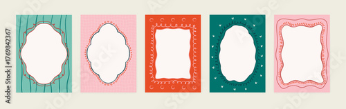Set of frames and borders with wavy edges. Abstract doodle frames with curved shapes and elements for greeting cards, web design, packaging, covers. Vector background collection