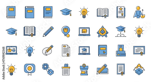 Education and Learning Flat Line Icon Set – School, E-Learning, Creativity, and Academic Achievement Elements