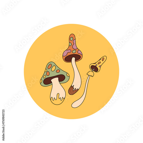 Groovy psychedelic mushroom sticker in retro circle label style. Funky patch with magic colors and y2k charm perfect for sealing a package or lid. Colorful and playful option for box or package.