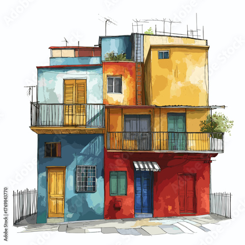 La Boca and Caminito. La Boca and Caminito hand drawn watercolor illustration