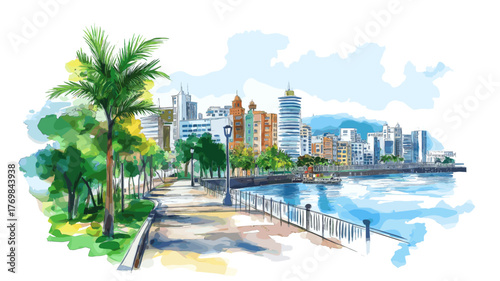 Guayaquil Malecon 2003. Guayaquil Malecon 2003 hand drawn watercolor illustration