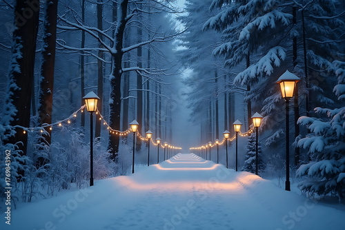 Snowy Winter Road with Trees and Lights in Forest at Night in Nature