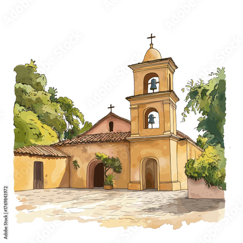 Jesuit Missions of La Sant?sima Trinidad. Jesuit Missions of La Sant?sima Trinidad hand drawn watercolor illustration