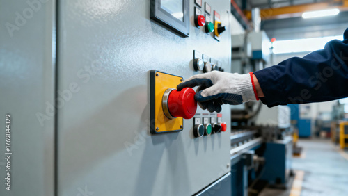 Gloved worker hand pressing red emergency stop button on industrial control panel