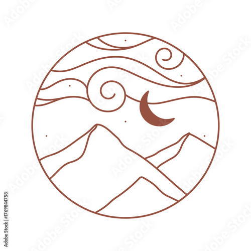 Boho travel emblem.Bohemian logo design with cloudy starry sky,mountains and moon.Modern celestial icon or symbol in trendy minimalist style.Branding design template.