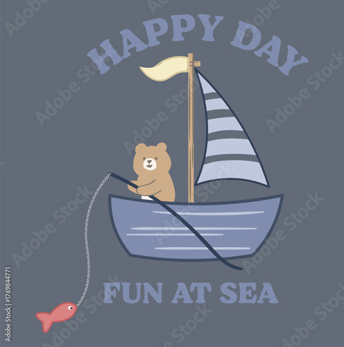 bear on ship board fishing, background on navy blue.