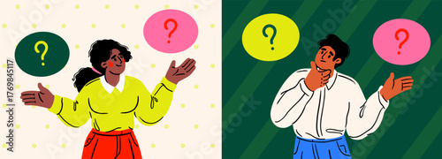 Confused man and woman thinking concept. Vector illustration