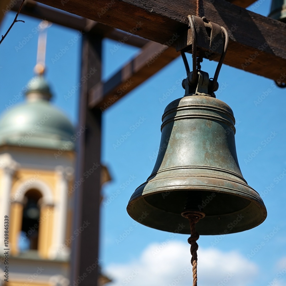 Obraz premium Old church bell on wooden frame, architectural heritage style, blue sky background, spirituality and tradition