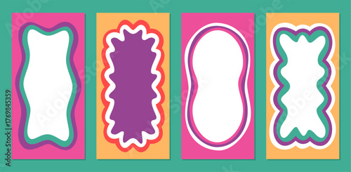 Groovy retro rectangle frame set with colorful wavy shape. Hand drawn outline border creates y2k graphic accent. Vibrant background forms a cool and playful look.