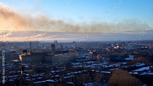 This striking video presents a panoramic view of a winter cityscape, showcasing buildings blanketed in snow under a clear blue sky. Smoke gently rises from industrial chimneys, contrasting with the se