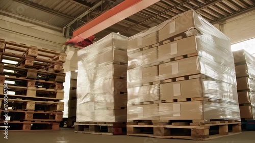 This informative video showcases a warehouse environment filled with stacked pallets. Each pallet is neatly wrapped in plastic, highlighting organized storage practices. The focus is on efficient logi