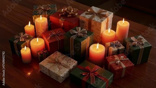 This enchanting video captures a cozy arrangement of beautifully wrapped gifts surrounded by softly glowing candles. The vibrant colors and intricate ribbons create a festive atmosphere, perfect for t