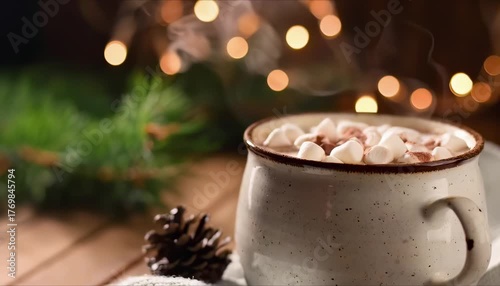 This delightful video features a cozy mug of hot chocolate topped with fluffy marshmallows, surrounded by festive decorations. The warm drink emanates steam in the soft glow of twinkling lights, creat