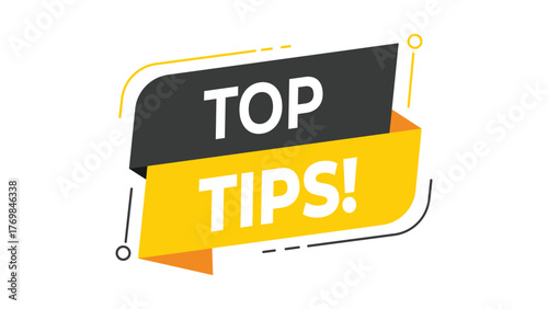Top tips banner, yellow and black modern geometric speech bubble design, advice and information label, learning and education concept, isolated vector illustration