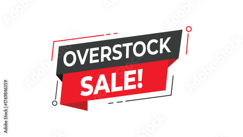 Overstock sale banner, red and black geometric speech bubble label, clearance discount promotion design, retail business marketing concept, isolated vector on white background