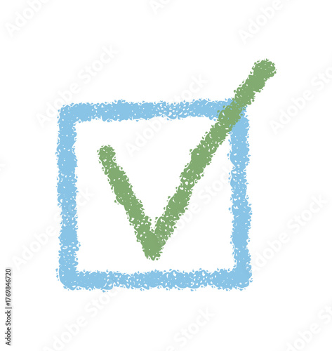 Crayon style check box icon with green tick mark on blue box. Checkbox element and check symbol blend as graphic in blue and green, creating a hand drawn mark for modern visual projects.
