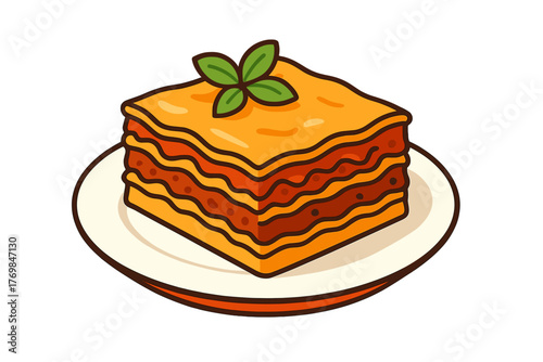 Illustration of lasagna served on a plate with a basil leaf lasagna on plate