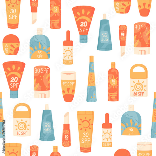 Flat seamless pattern with sunscreen bottle, tube, and lotion shapes. SPF sunblock cosmetic container layout forms background. Cosmetic sun protection, seamless pattern wallpaper, summer product