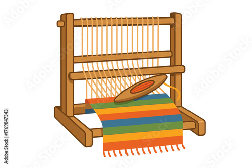 Loom with colorful striped fabric in traditional weaving style loom with woven fabric