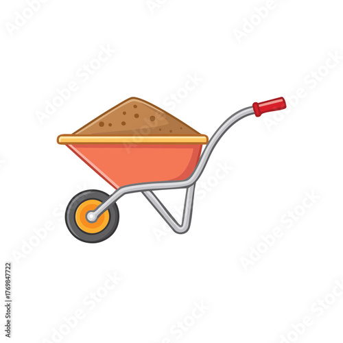 A full Wheelbarrow full of sand isolated on a clean background. It's a single wheelbarrow with sand in construction site or garden
