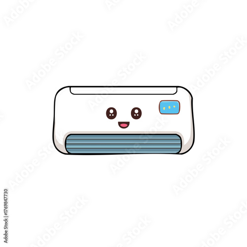 A cartoon illustration of an air conditioner with a smiling face, radiating cheerfulness. 