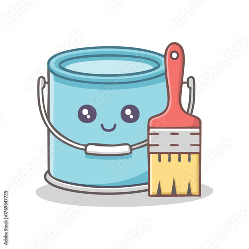 A cute paint bucket with a brush is ready for your artwork. The bucket smiles, and the brush looks ready to use. This combination is perfect for expressing creativity