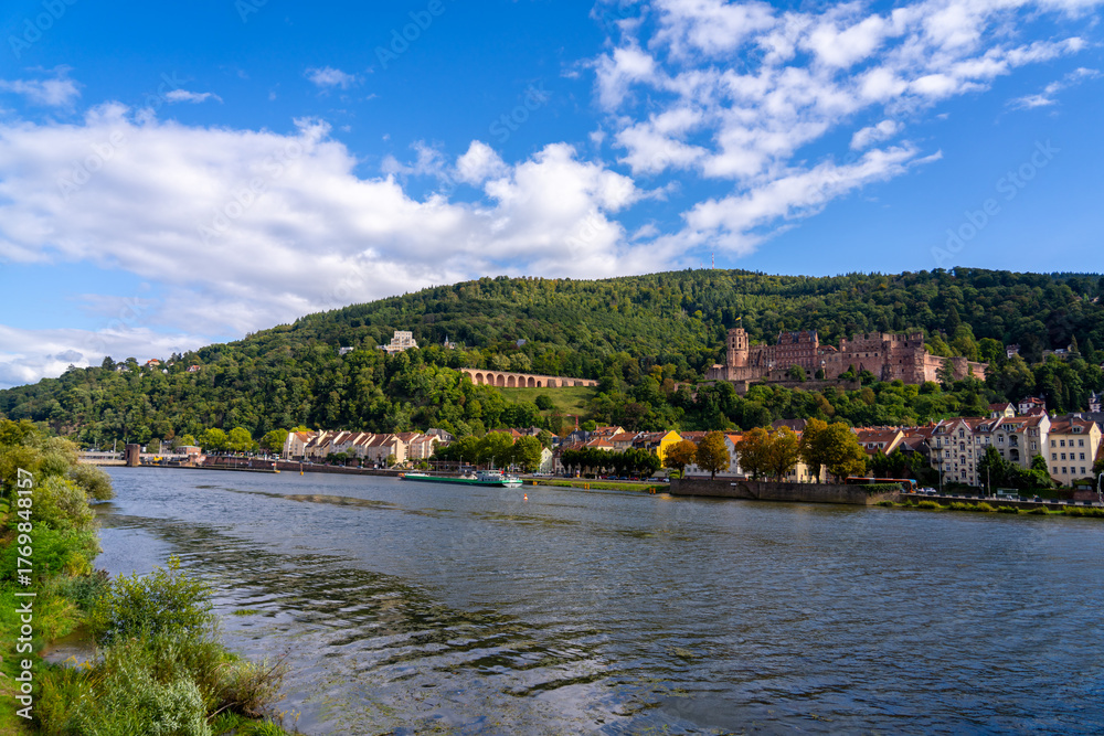 Obraz premium Heidelberg Castle and Neckar River on a sunny day.