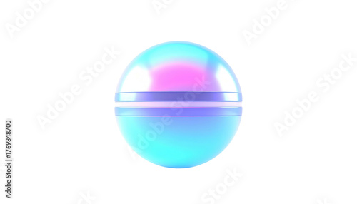 Glossy orb with vibrant blue and pink hues, bisected by a subtle band, stands out against a stark black background