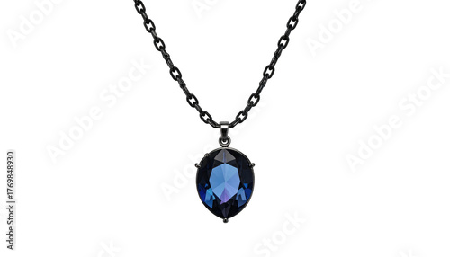 Elegant dark necklace, with a glossy dark blue oval pendant, isolated on black
