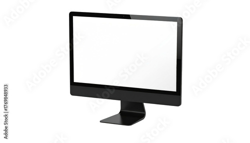 Sleek, black computer monitor angled against a black backdrop showcases a bright, white, rectangular screen display