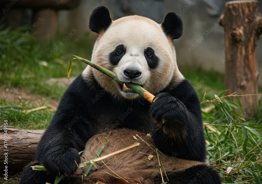 Fototapeta premium A large giant panda feeding on a freshly cut bamboo shoot, showcasing the animal's powerful grip and natural foraging behavior ,black ,herbivore ,environment