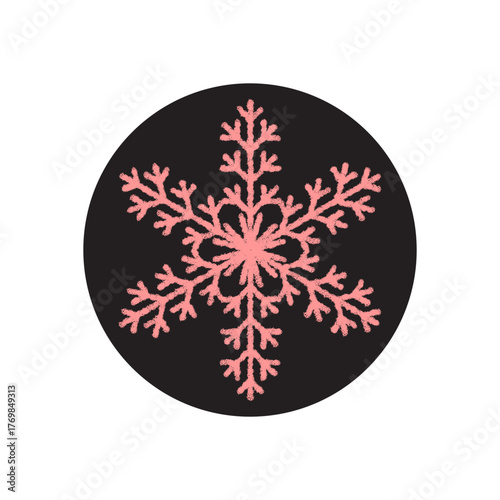 Chalk style pink snow flake sticker with round black icon shape. Snowflake decoration as icy winter frost symbol, perfect for cold christmas package or festive ornament design.