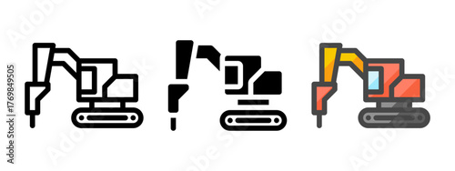 Multipurpose rock breaker vector icon in outline, glyph, filled outline style. Three icon style variants in one pack.