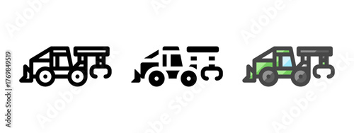 Multipurpose skidder vector icon in outline, glyph, filled outline style. Three icon style variants in one pack.