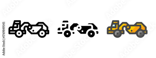 Multipurpose wheel tractor scraper vector icon in outline, glyph, filled outline style. Three icon style variants in one pack.