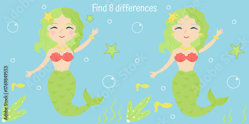 Find 8 differences, mermaid swimming in water, seaweed, fish, pearls, puzzle, riddle, attention task