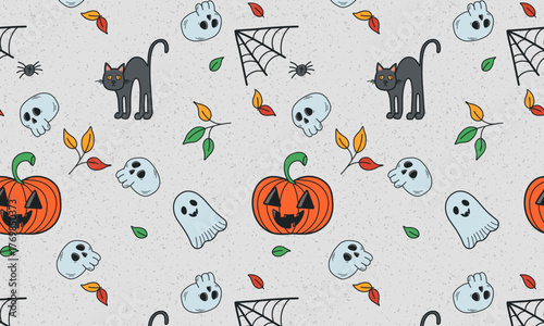 Happy Halloween seamless pattern, background vector. Cute groovy spooky ghost, pumpkin, skull, spider, black cat. Hand drawn festival wallpaper, illustration in doodle style for decoration, prints. 